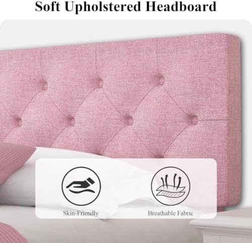 HOMBCK King Size Bed Frame, Upholstered Bed with Adjustable Headboard, Pink
