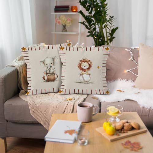 Sports Animal Nursery Throw Pillow Cover 18x18, Lion Elephant Decorative Pillow Covers for Kids Toddler Boy Nursery Room Bedroom Playroom, Kids Playroom Accent Pillows Cover Pillowcases, Set of 2