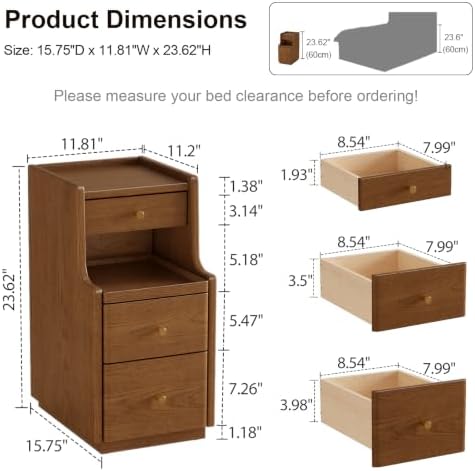 AQIMUELE Solid Wood Narrow Nightstand with 3 Drawers,Dark Brown 11.8"