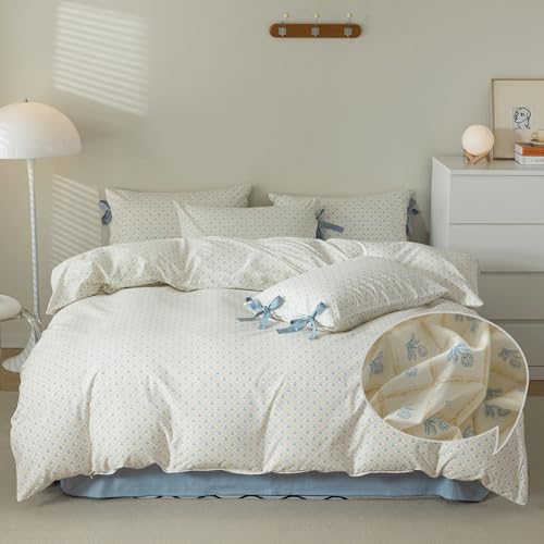 Blue Flower Duvet Cover Queen with Plaid Grid Prints,100% Cotton Bedding Set,Aesthetic Comforter Cover for Girls Women 90x90 Inch