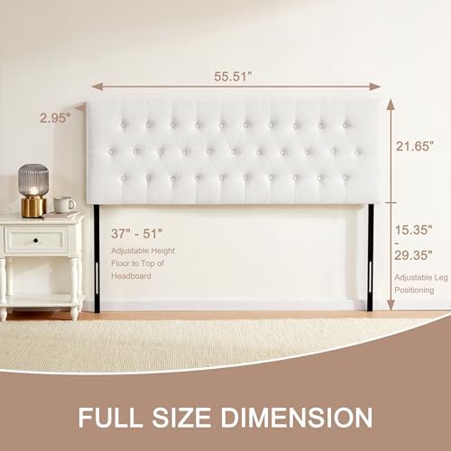 Tufted Upholstered Headboard Full Size, Adjustable Height 37- 51 in, White