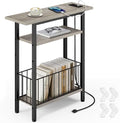 Vagusicc Narrow Side Table with Charging Station, Skinny Side End Table for Couch, 3-Tier Small End Tables for Small Spaces, 25.2" Tall Slim Nightstand Bedside Table for Living Room, Bedroom, Greige