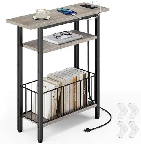 Vagusicc Narrow Side Table with Charging Station, Skinny Side End Table for Couch, 3-Tier Small End Tables for Small Spaces, 25.2" Tall Slim Nightstand Bedside Table for Living Room, Bedroom, Greige