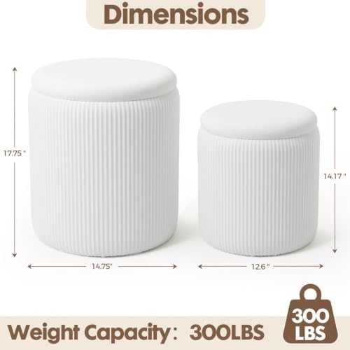 Round Ottoman with Storage Set of 2 White Vanity Stool with Tray