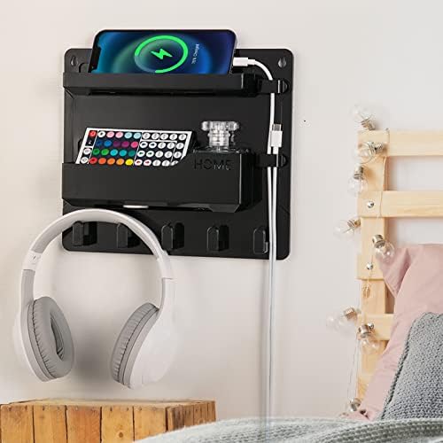 YONGAIJIA Bedside Shelf Wall Mount with Hooks, Cable Clips, No-Drill, Black