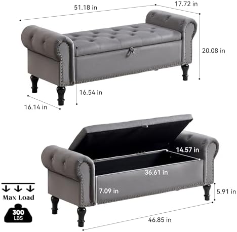 51" Storage Bench for Bedroom, Velvet End of Bed Bench, Queen Size Bench with Rolled Arms, Tufted Storage Ottoman Benches, Upholstered Bench for Bedroom, Living Room, Entryway, Grey