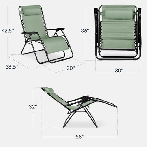 Best Choice Products Set of 2 Extra Wide Adjustable Steel Mesh Zero Gravity Lounge Chair Recliners w/Pillows and Cup Holder Trays - Sage Green