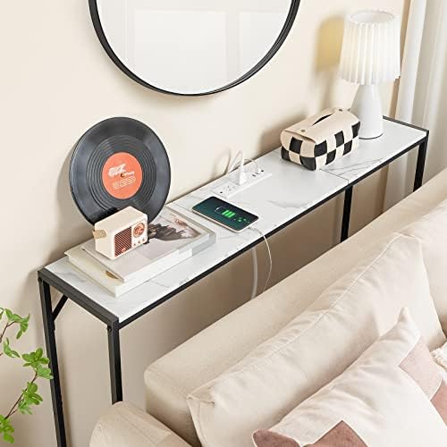 MAHANCRIS Narrow Console Table, 43.7" Sofa Table with Outlets, Marble&Black