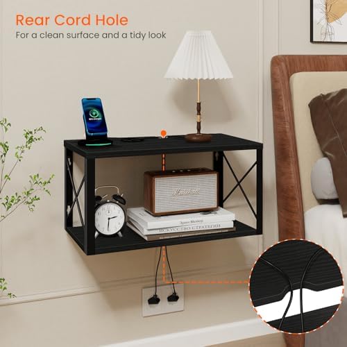 Homode Floating Nightstand, 2 Tier Wall Mounted Nightstand with Cable Hole