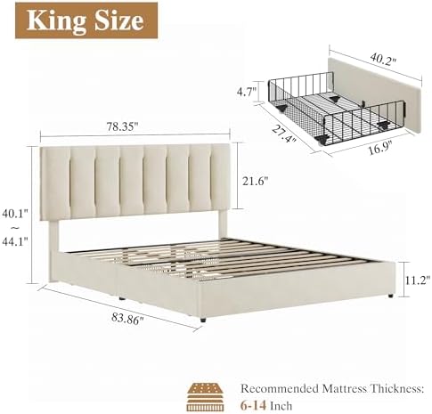 VECELO King Size Bed Frame with 4 Storage Drawers, Adjustable Height Headboard, Heavy-Duty Bedframe with Strong Wooden Slats, No Box Spring Needed, Pale Beige