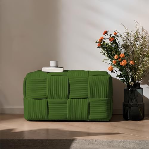 Cmishe 28" Rectangular Woven Corduroy Ottoman Footrest - Large Modern Entryway Bench & Bed End Stool, Sturdy Wood Frame, No Assembly (Green-L)