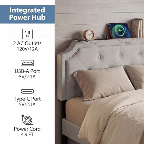 KOMFOTT Upholstered Headboard with Charging Station for Full & Queen Size Bed Frame, Tufted Button Bed Headboard with Solid Rubber Wood Legs, Headboard with Adjustable Width, Grey
