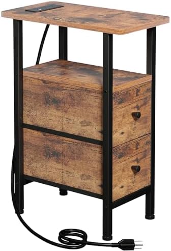 LOAKEKEL Narrow End Table with Charging Station, Small Nightstand