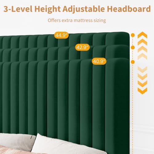 GAOMON Twin Bed Frame with Adjustable Headboard, Velvet Upholstered Platform Twin Size Bed Frame, Vertical Channel Tufted, Strong Wooden Slats, No Box Spring Needed, Easy Assembly, Green
