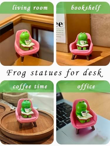 Miniature Frog Figurine Reading Book & Drinking Coffee on Pink Sofa - Cute Resin Desk Decor for Office & Home, Book Shelf Decor, Unique Gift for Frog Lovers
