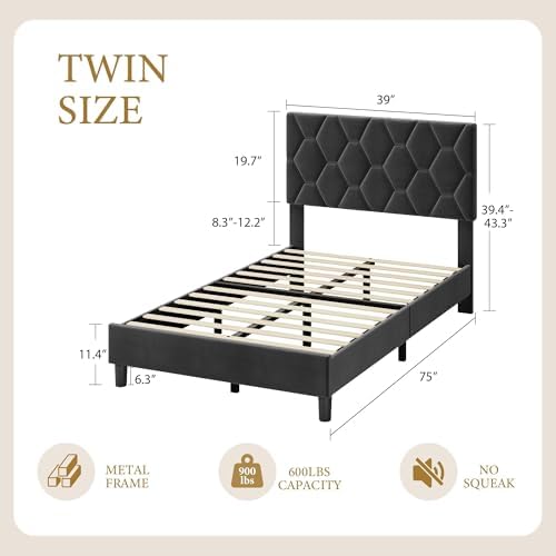 Twin Bed Frame with Adjustable Headboard, Upholstered Bed Frame, Grey