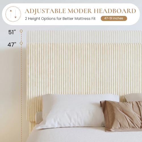 SHA CERLIN Full Platform Bed, Adjustable Tufted Corduroy Headboard, Cream