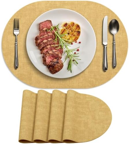 Faux Leather Oval Placemats Set of 4, Yellow