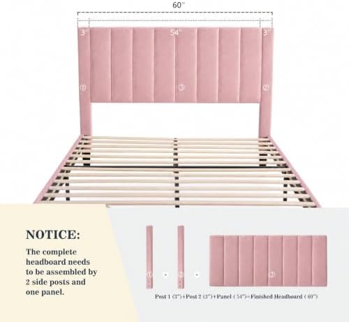 Allewie Queen Bed Frame/Velvet Upholstered Bed Frame with Vertical Channel Tufted Headboard/Strong Wooden Slats/Platform Bed Frame/Mattress Foundation/Box Spring Optional/Easy Assembly/Pink