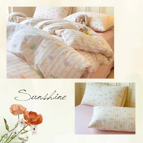 Girls Striped Duvet Cover Set 100% Cotton Queen(90"x90"),Pink Fish