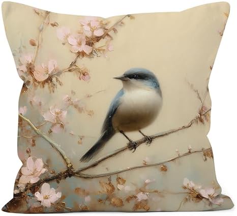 Vintage Pink Floral Blue Bird Pillow Cover 18x18, Cottagecore Farmhouse Blooming Flower Bird Decorative Throw Pillow Covers Pillowcases for Living Room Home Bedroom