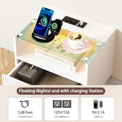 Modern Floating Nightstand Set of 2 with Charging Station & Light (White)