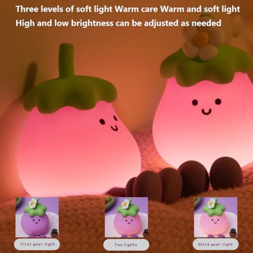 Eggplant Night Light for Adults Kids,Cute Silicone Dimmable Sleeping Decoration Nursery Nightlight,Rechargeable Bedside Touch Table Lamp for Kawaii Room Decor