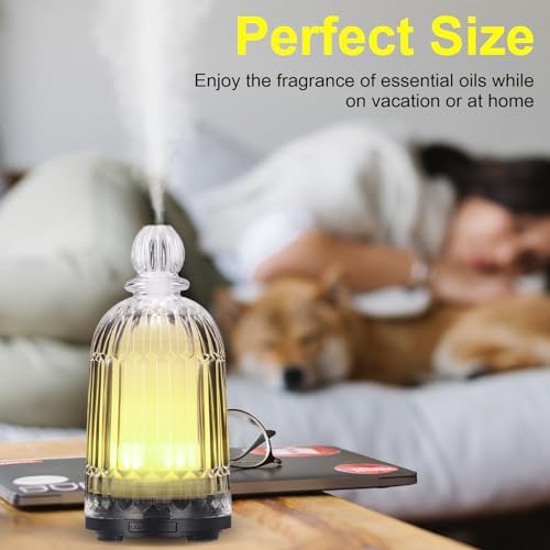 Glass Essential Oil Diffuser, Ultrasonic Aroma Diffuser Glass Cover & Plastic Reservoir with 7 LED Color Changing Light, Auto Shut-Off for Home Office Spa, 120ml(Black Base)