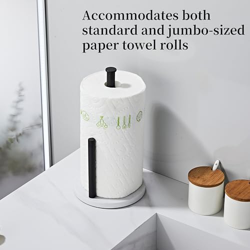 Matte Black Paper Towel Holder for Kitchen Countertop, 304 Stainless Steel Roll Dispenser with White Engineered Marble Weighted Base, Freestanding Paper Towel Stand for Standard Rolls