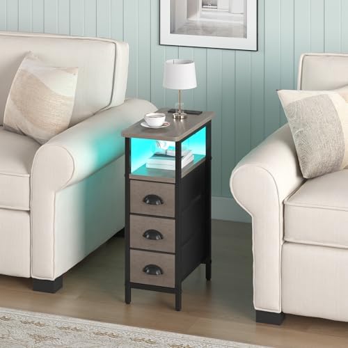 shtmec Narrow End Table Set of 2 with Charging Station, LED Side Tables Set 2 with Fabric Drawers, Small Bedside Tables Nightstands for Small Space, Slim Sofa Couch Table for Livingroom, Grey