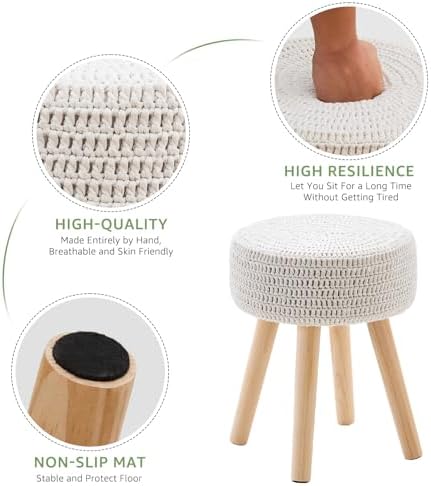13" Round Handmade Cotton Knitted Boho Small Ottoman with Non-Skid Wood Leg