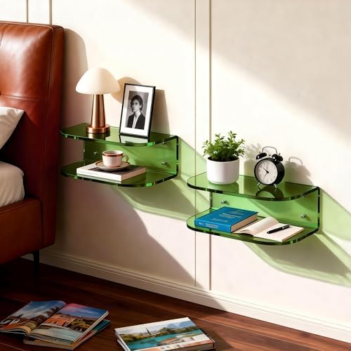 Acrylic Floating Nightstand, Wall Mounted Bedside Table Shelf (Green Set of 2, 15.7”×9.4“×5.9”)