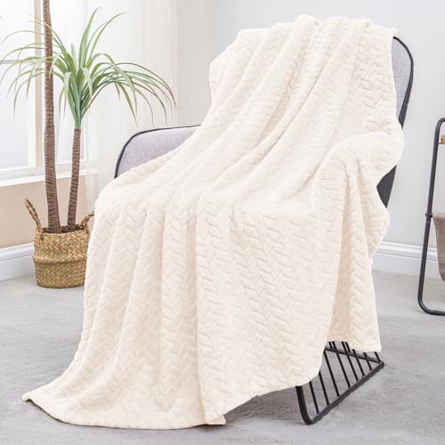 Exclusivo Mezcla Fleece Throw Blanket for Couch Sofa, 50”x70”, Off White