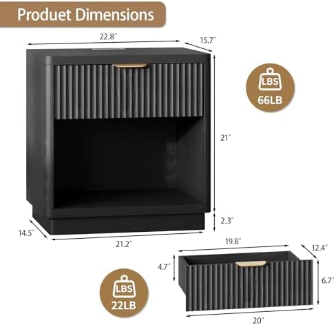 Fluted Nightstand Set of 2 with Charging Station,Drawer & Open Shelf,Black