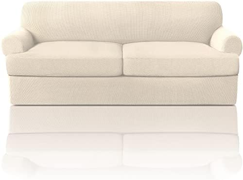 PrinceDeco T Cushion Sofa Slipcover 3 Pieces Sofa Covers for T Cushion Couch Soft Couch Covers Sofa Slip Cover Furniture Covers with 2 Individual T Shape Seat Covers Width Up to 88", Natural