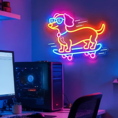 Dachshund Skateboarding Neon Sign for Wall Decor, Dimmable Dog Neon Light for Bedroom Living Room, Bar, Shop, Animal LED Sign for Birthday Party Dog Lover Gift