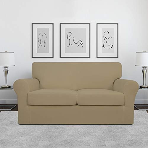 Easy-Going 3 Pieces Stretch Soft Couch Cover for Dogs - Washable Sofa Slipcover for 2 Separate Cushion Couch - Elastic Furniture Protector for Pets, Kids (Loveseat, Tan, Medium)