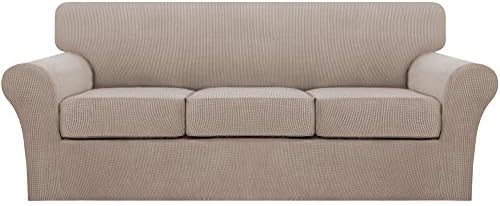 Turquoize 4 Piece Sofa Covers for 3 Cushion Couch Sofa Slipcover Soft Couch Cover for Dogs Washable Furniture Cover with 3 Individual Large Cushion Covers Feature Fabric (Large Sofa, Sand)