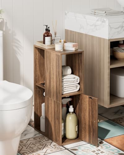 Narrow Nightstand, 7.9" Wood Nightstands with Fluted Door,Walnut