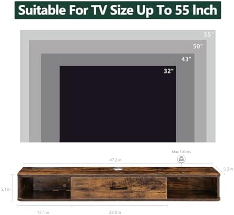 GHC Floating TV Stand, 55'' Wall Mounted TV Cabinet, Floating Shelves with Door, Media Console for DVD Player, Space-Saving Under TV Shelf for Bedroom & Living Room (Rustic Brown)