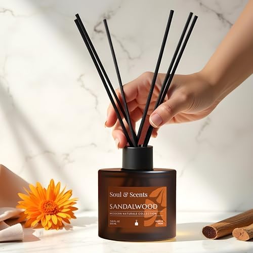 Soul & Scents 7.44 oz (220ML) Sandalwood Reed Diffuser Set with 6 Fiber Sticks|Stress Relief & Aromatherapy|Long-Lasting, Smoke-Free Air Freshener for Home, Bedroom & Office Decor|Ideal for Gifting