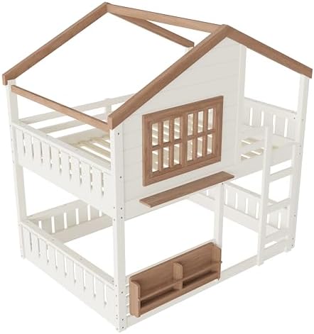 Full Over Full Size House Bunk Bed with Storage Bookshelf, Beige