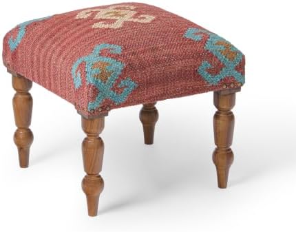 Handmade Jute Ottoman Stool with Wooden Legs | Square Upholstered Foot Rest & Accent Seating | Woven Vanity Stool for Living Room, Bedroom, Hall, Entryway & Home Décor (Red)