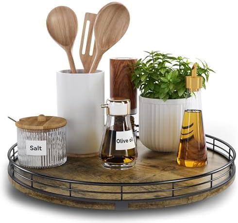 Lazy Susan Turntable Organizer for Table Top, 13’’ Round Wooden Lazy Susan for Cabinet Kitchen Countertop Pantry Dining Coffee Table for Condiments Spices, Rustic Bathroom Vanity Tray for Soap Candle