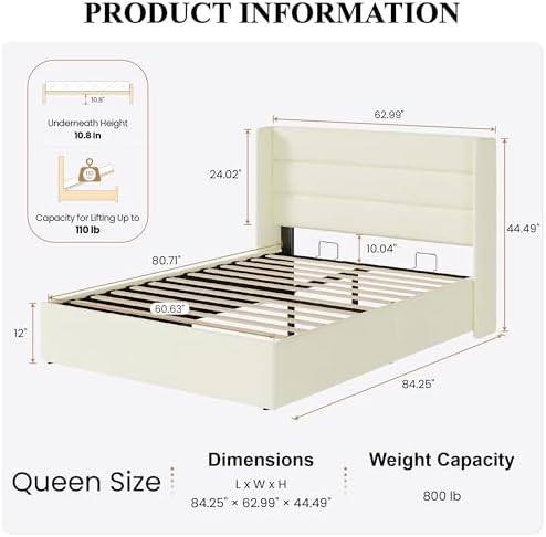 SHA CERLIN Queen Size Chenille Lift Up Hydraulic Storage Bed Frame Cream