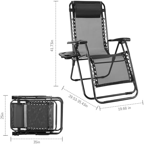 Sweetcrispy Zero Gravity Chairs Set of 2, Outdoor Folding Patio Lounge Chair with Cup Holder Tray, Portable Beach Camping Recliner for Poolside, Garden, Backyard, Lawn, Solid Black