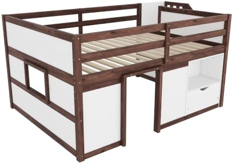 Bellemave Full Size Low loft Bed for Kids,Wood Loft Beds,Modern Farmhouse Full loft Bed,Loft Bed with Desk and Storage, No Box Spring Needed,for Kids, White + Walnut