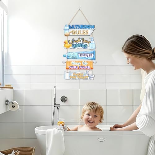 HLNIUC Colorful Bathroom Rules Wood Decor,Watercolor Playful Cartoon Bathroom Wooden Hanger,Duck Bubble Bath Hanging Signs,Toothpaste Wall Decor,Towel Rack Wall Sign For Bathroom Home Decoration