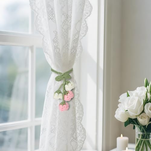 Flower Curtain Tiebacks, 4pcs Lily-of-The-Valley Curtains Holdbacks, Cute Curtain Holdbacks - No Drill Rope Holder, Drape Knitting Handmade for Nursery&Children's Room Decor (Pinkish/White)