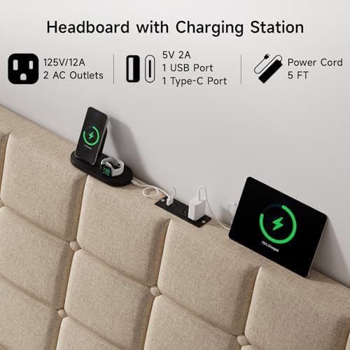 ONBRILL Ergonomic Headboard Full Size with Charging Station, Beige
